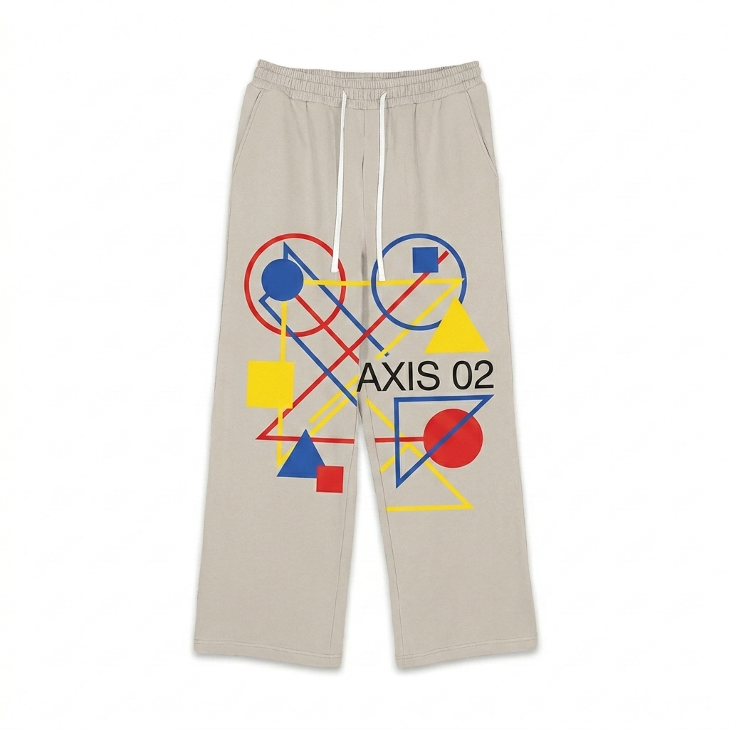 Custom Heavyweight Fleece Sweatpants design direction 3: Abstract Geometric Graphic featuring the AXIS 02 wordmark