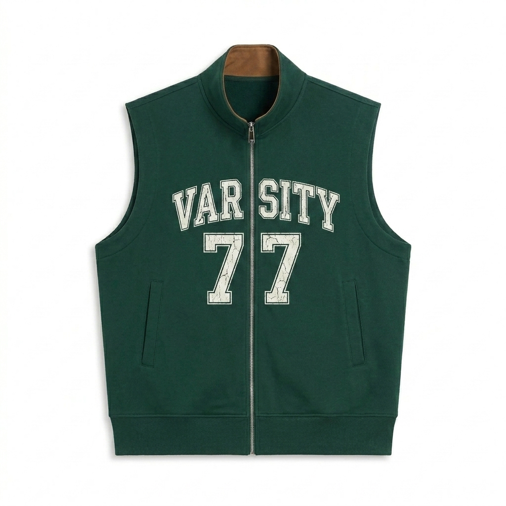 Custom Heavyweight Full-Zip Vest design direction 3: Retro Collegiate Wordmark featuring the VARSITY 77 wordmark