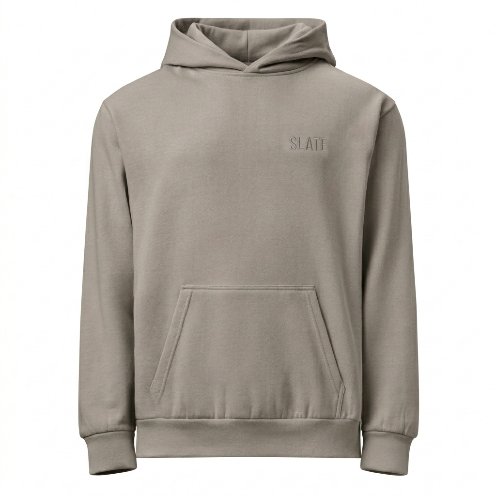Custom Heavyweight Garment-Dyed Hoodie design direction 1: Tonal Minimalist Wordmark featuring the SLATE wordmark