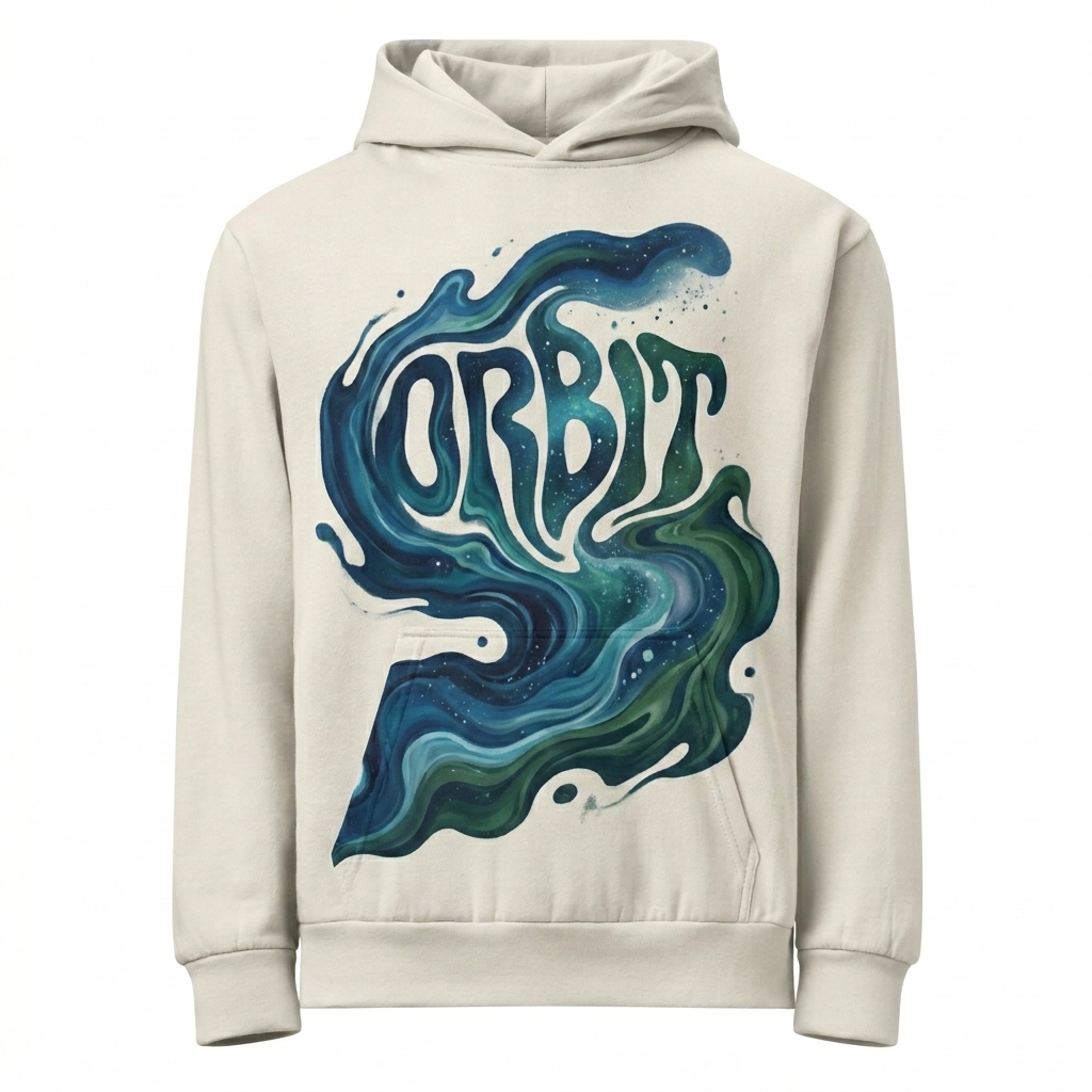 Custom Heavyweight Garment-Dyed Hoodie design direction 2: Bold Abstract Graphic featuring the ORBIT wordmark
