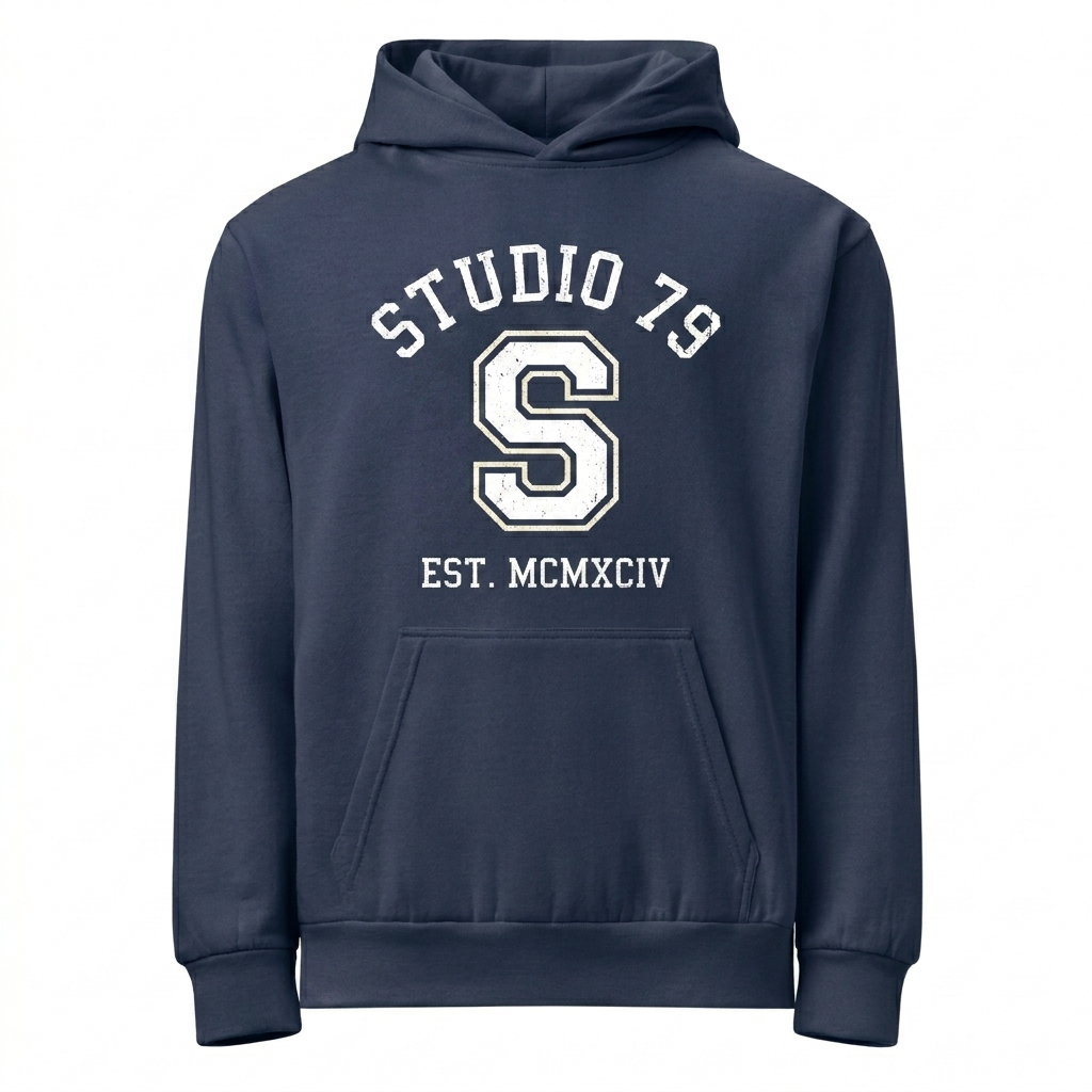 Custom Heavyweight Garment-Dyed Hoodie design direction 3: Retro Collegiate Emblem featuring the STUDIO 79 wordmark