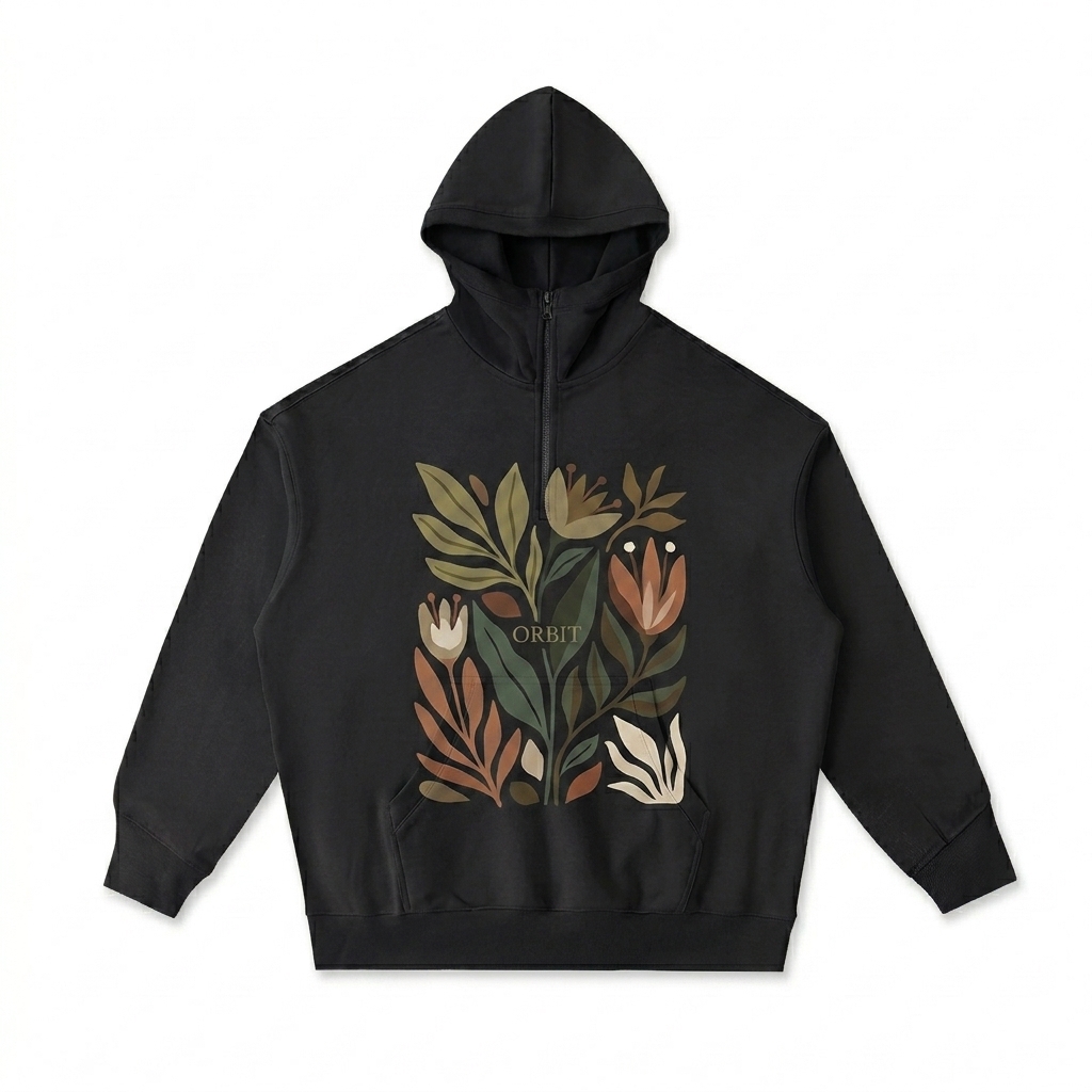 Custom Heavyweight Half-Zip Fleece Hoodie design direction 2: Bold Graphic Illustration featuring the ORBIT wordmark