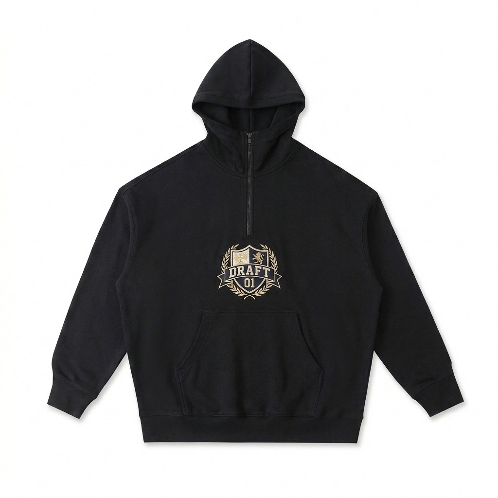 Custom Heavyweight Half-Zip Fleece Hoodie design direction 3: Retro Collegiate Emblem featuring the DRAFT 01 wordmark