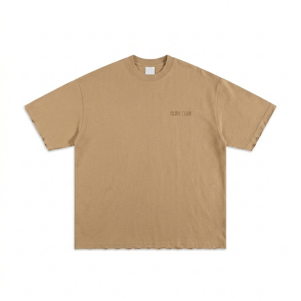 Custom Heavyweight Hand-Frayed T-Shirt design direction 1: Tonal Minimalist Wordmark featuring the SLOW CLUB wordmark
