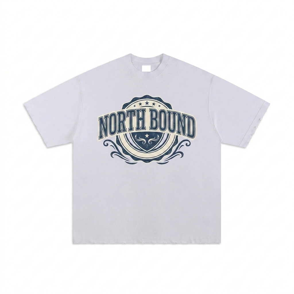 Custom Heavyweight Hand-Frayed T-Shirt design direction 3: Vintage Collegiate Emblem featuring the NORTH BOUND wordmark