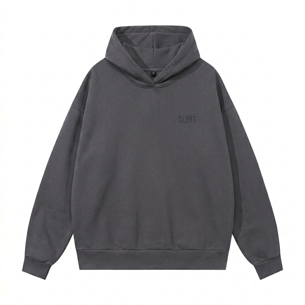 Custom Heavyweight Hidden Pocket Hoodie design direction 1: Tonal Minimalist Wordmark featuring the SLATE wordmark