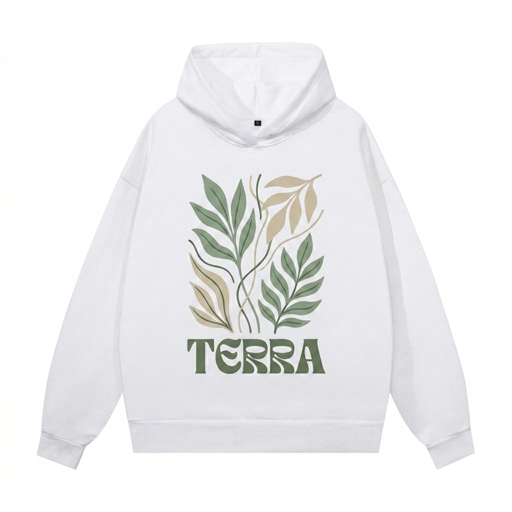 Custom Heavyweight Hidden Pocket Hoodie design direction 2: Bold Graphic Illustration featuring the TERRA wordmark