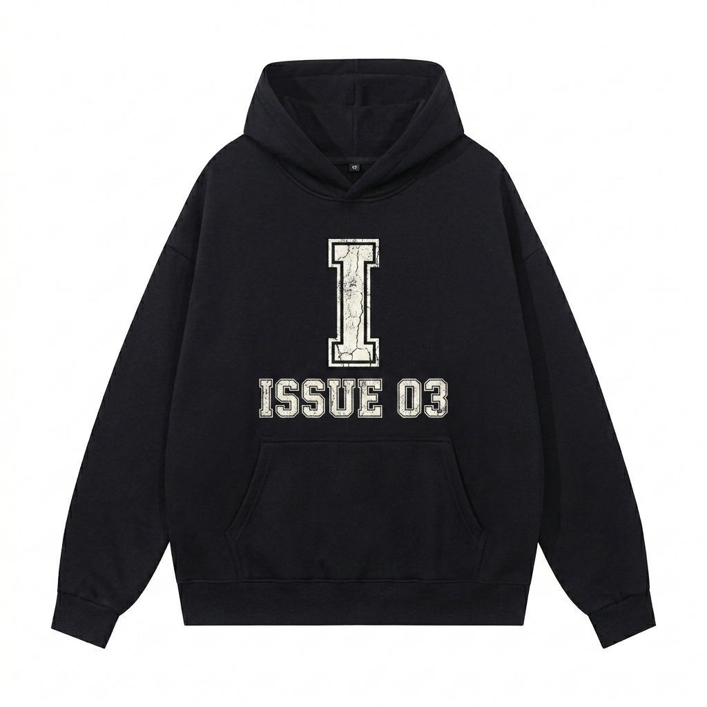 Custom Heavyweight Hidden Pocket Hoodie design direction 3: Retro Collegiate Emblem featuring the ISSUE 03 wordmark