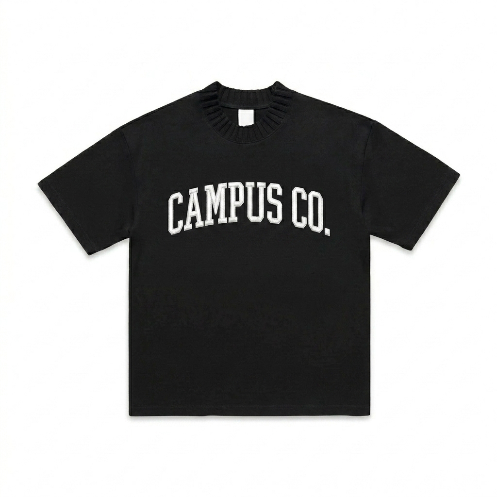 Custom Heavyweight Knitted T-Shirt design direction 3: Vintage Collegiate Wordmark featuring the CAMPUS CO. wordmark