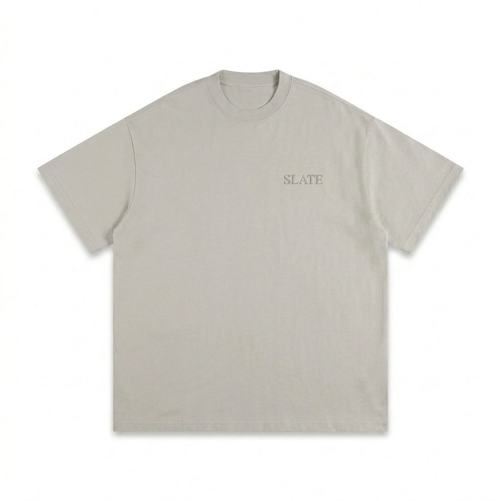 Custom Heavyweight Loose Fit T-Shirt design direction 1: Tonal Minimalist Wordmark featuring the SLATE wordmark