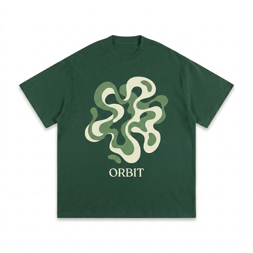 Custom Heavyweight Loose Fit T-Shirt design direction 2: Bold Abstract Graphic featuring the ORBIT wordmark