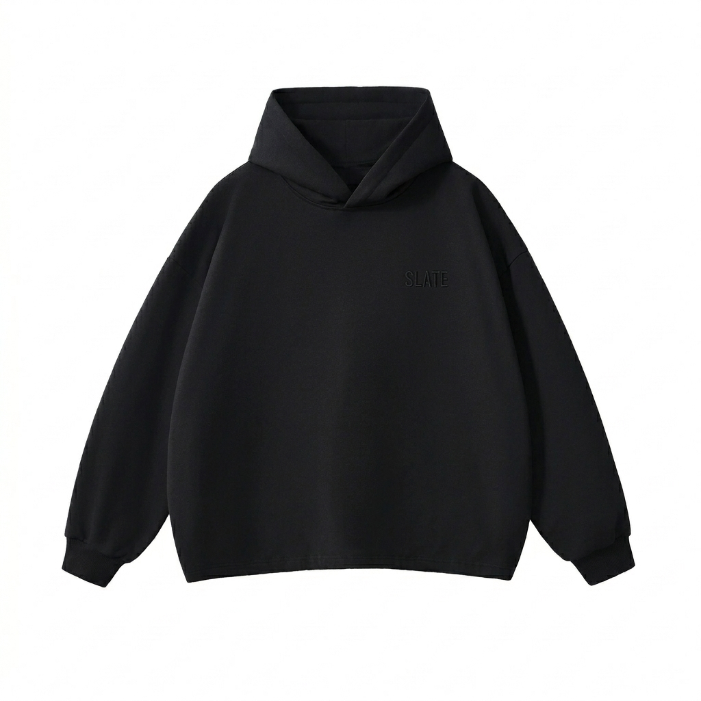 Custom Heavyweight Oversized Drawstring Hem Hoodie design direction 1: Tonal Minimalist Wordmark featuring the SLATE wordmark