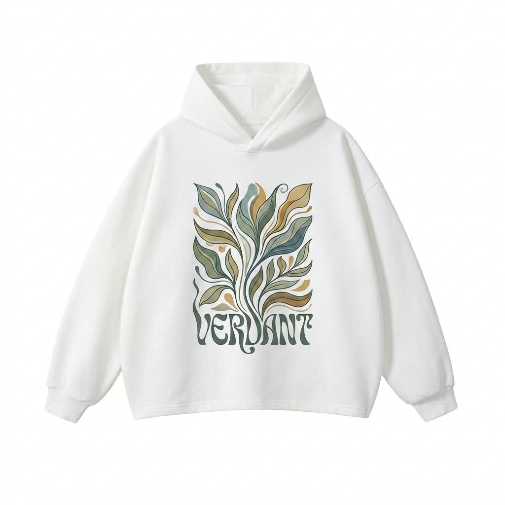 Custom Heavyweight Oversized Drawstring Hem Hoodie design direction 2: Bold Graphic Illustration featuring the VERDANT wordmark
