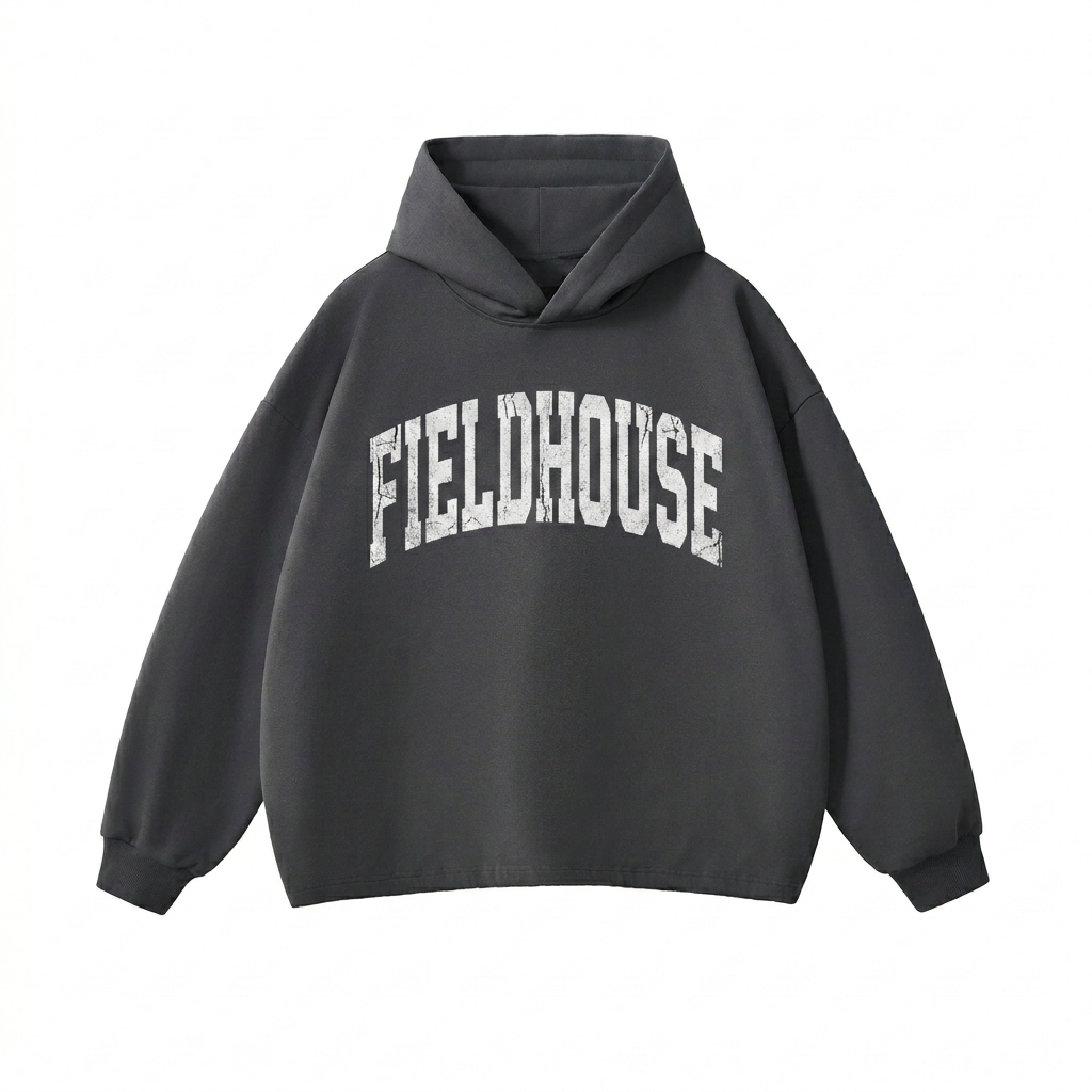 Custom Heavyweight Oversized Drawstring Hem Hoodie design direction 3: Retro Collegiate Typography featuring the FIELDHOUSE wordmark