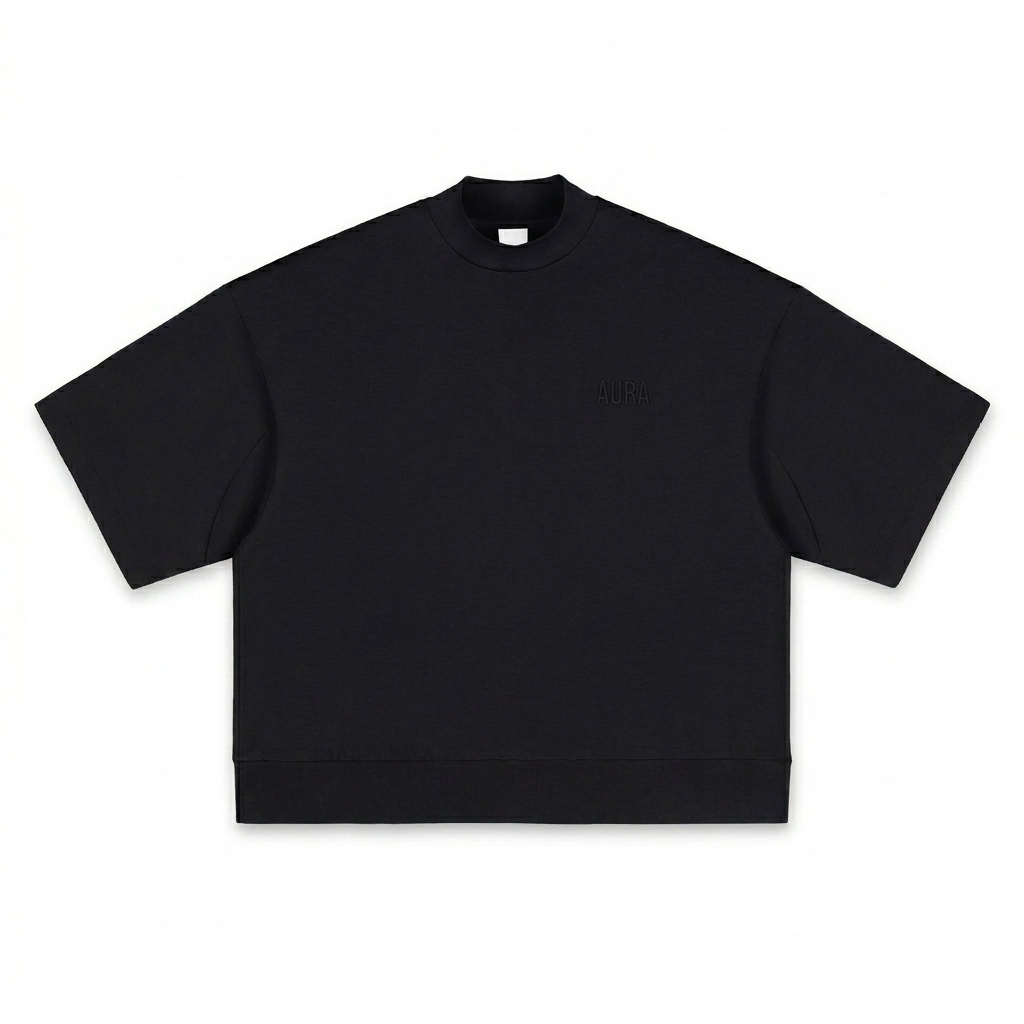 Custom Heavyweight Oversized Mock Neck T-Shirt design direction 1: Tonal Minimal Wordmark featuring the AURA wordmark