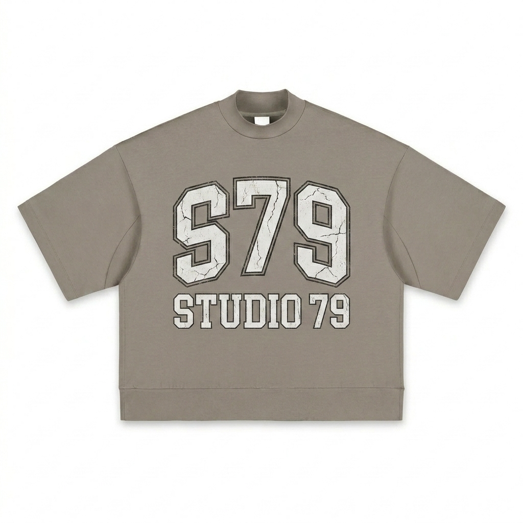 Custom Heavyweight Oversized Mock Neck T-Shirt design direction 3: Retro Collegiate Emblem featuring the STUDIO 79 wordmark