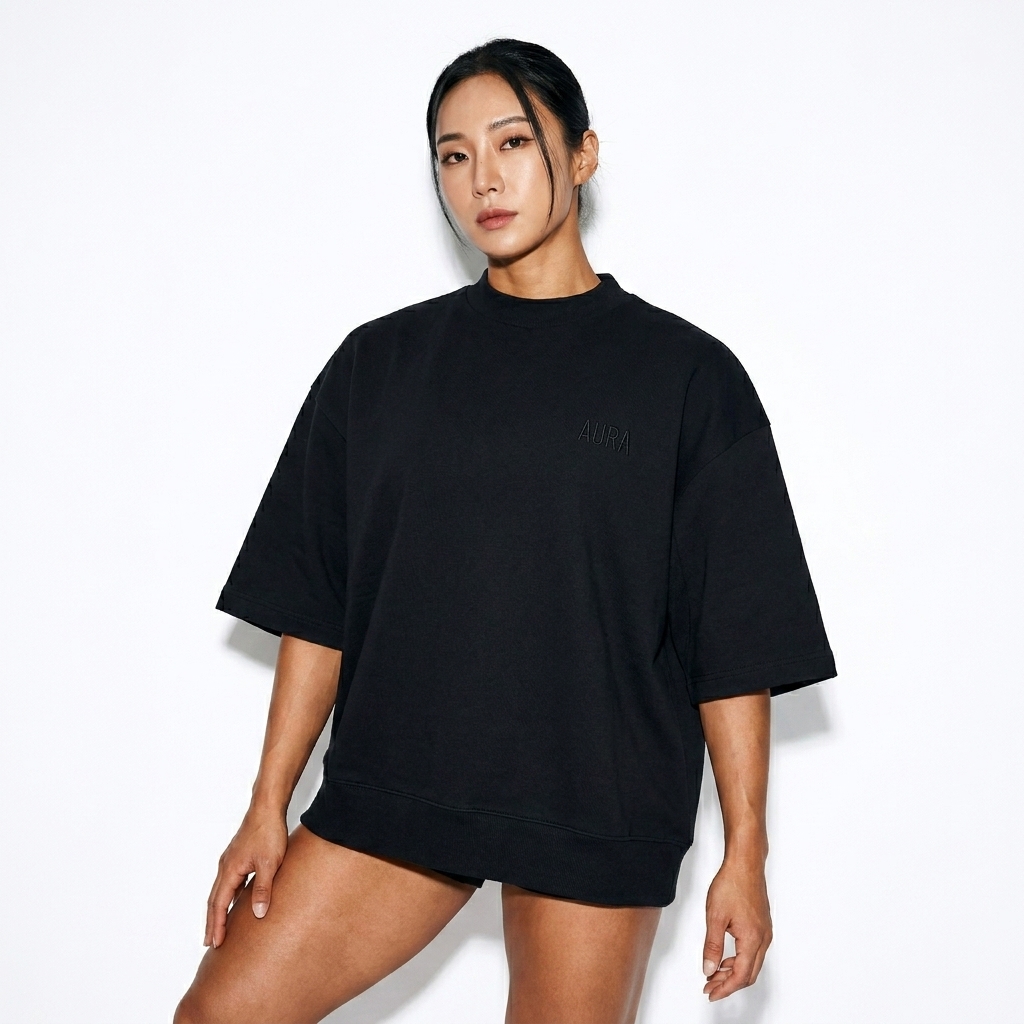 Heavyweight Oversized Mock Neck T-Shirt worn by a athletic muscular Korean female fashion influencer, editorial avant-garde styling, studio lookbook — custom heavyweight oversized mock neck t-shirt