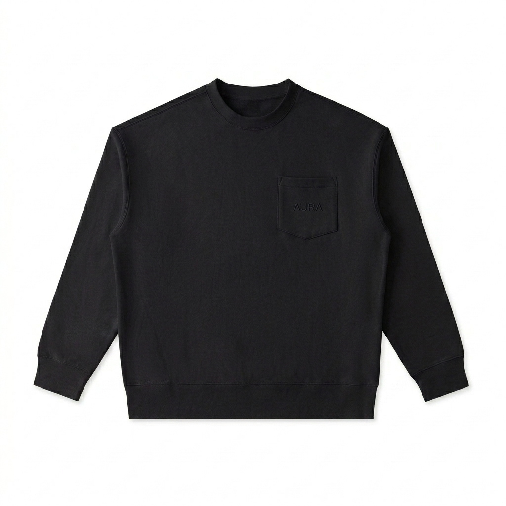 Custom Heavyweight Patch Pocket Crewneck Sweatshirt design direction 1: Tonal Minimalist Wordmark featuring the AURA wordmark