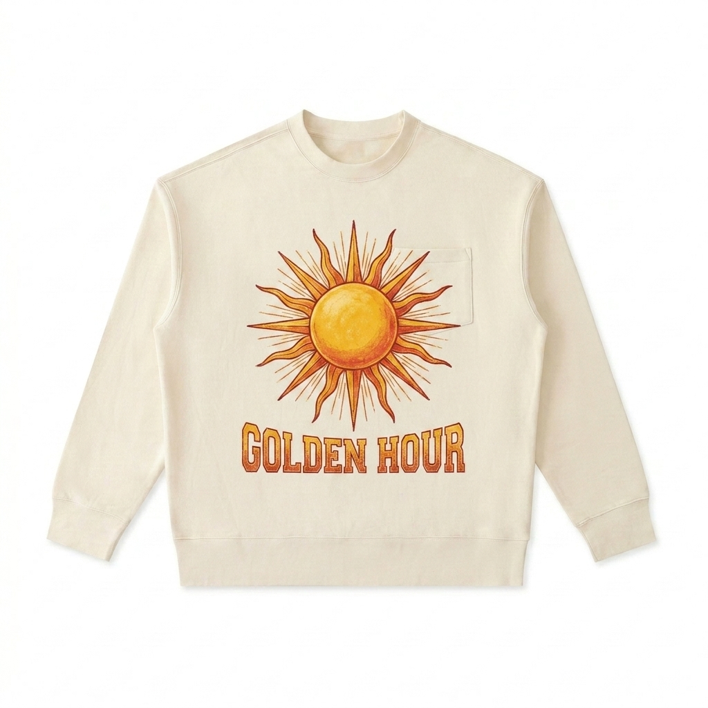 Custom Heavyweight Patch Pocket Crewneck Sweatshirt design direction 2: Retro Collegiate Graphic featuring the GOLDEN HOUR wordmark