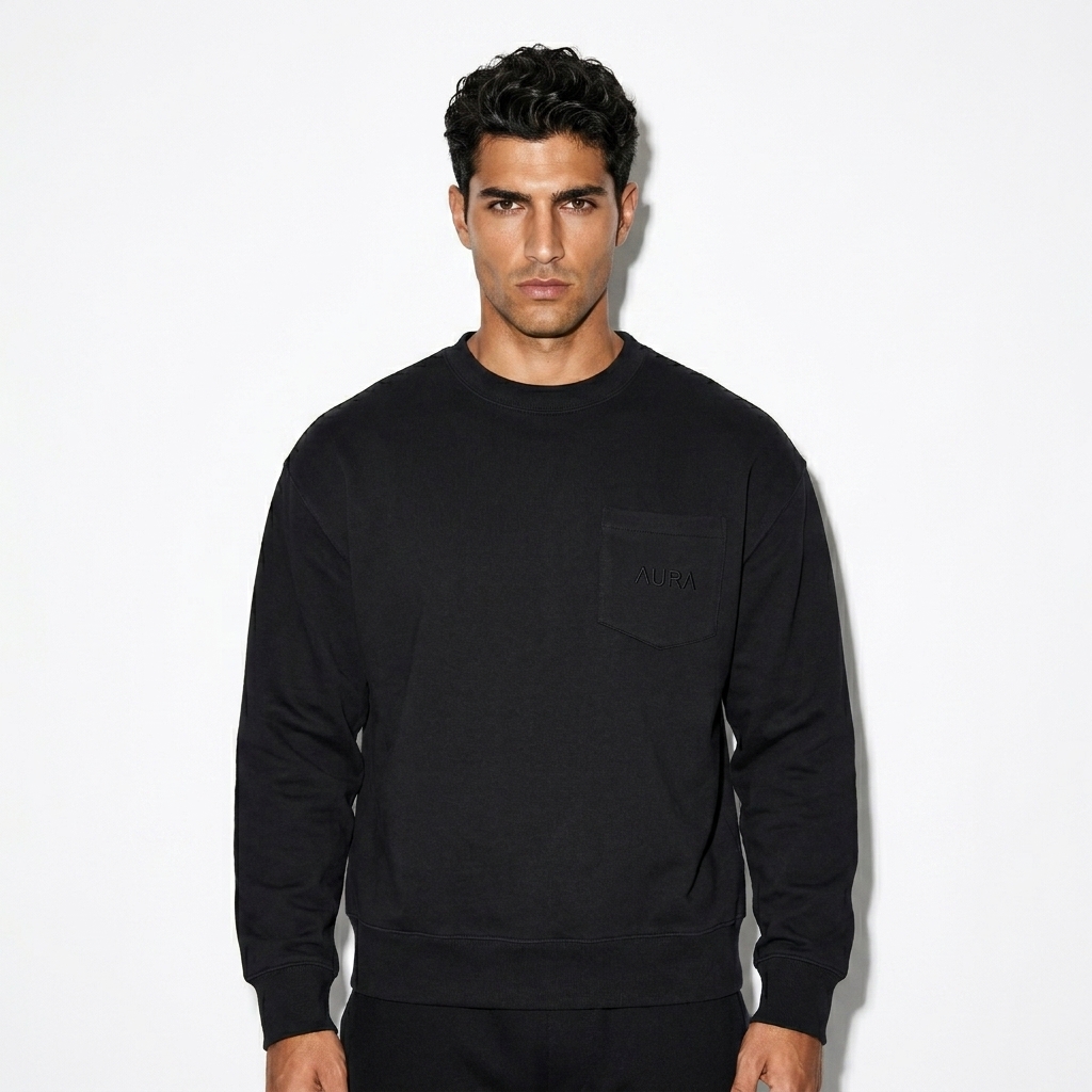 Heavyweight Patch Pocket Crewneck Sweatshirt worn by a toned Mediterranean male fashion influencer, minimalist luxury styling, studio lookbook — custom heavyweight patch pocket crewneck sweatshirt