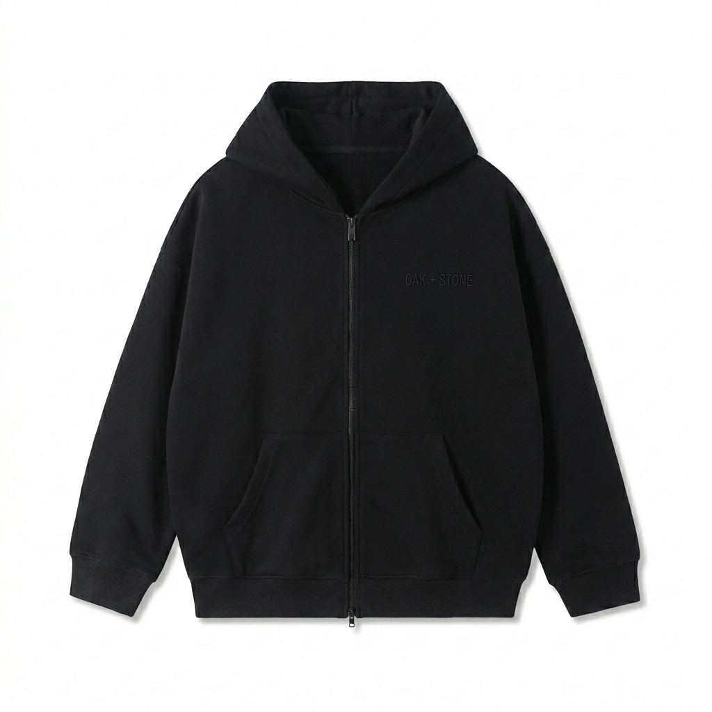 Custom Heavyweight Pocket Hoodie design direction 1: Tonal Minimalist Wordmark featuring the OAK + STONE wordmark