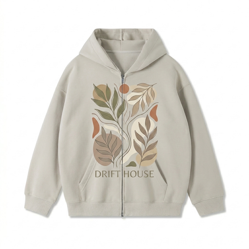 Custom Heavyweight Pocket Hoodie design direction 2: Bold Graphic Illustration featuring the DRIFT HOUSE wordmark