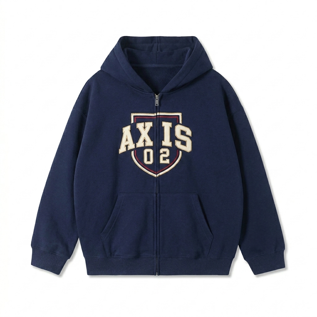 Custom Heavyweight Pocket Hoodie design direction 3: Retro Collegiate Emblem featuring the AXIS 02 wordmark
