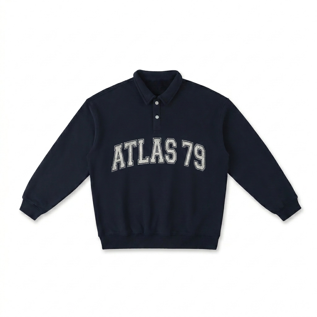 Custom Heavyweight Polo-Collar Sweatshirt design direction 2: Retro Collegiate Emblem featuring the ATLAS 79 wordmark