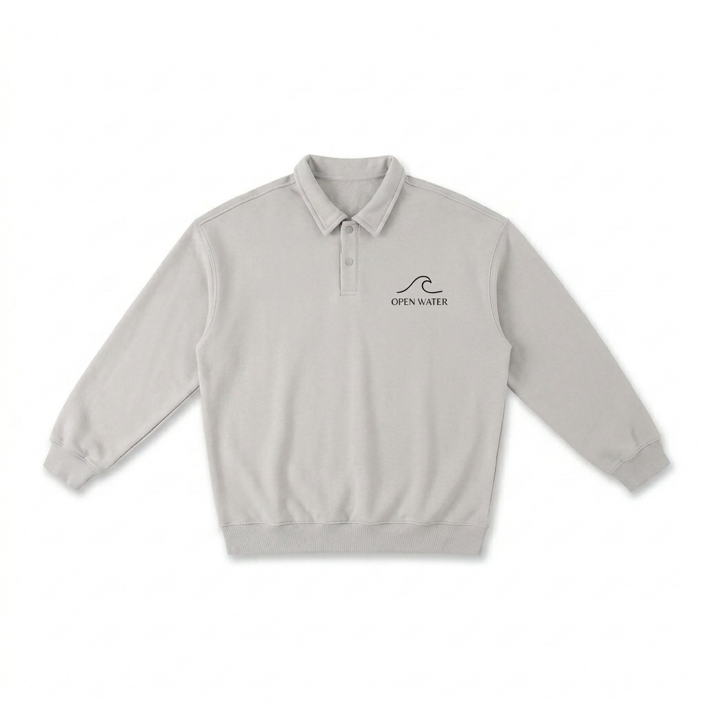 Custom Heavyweight Polo-Collar Sweatshirt design direction 3: Minimal Line Drawing featuring the OPEN WATER wordmark