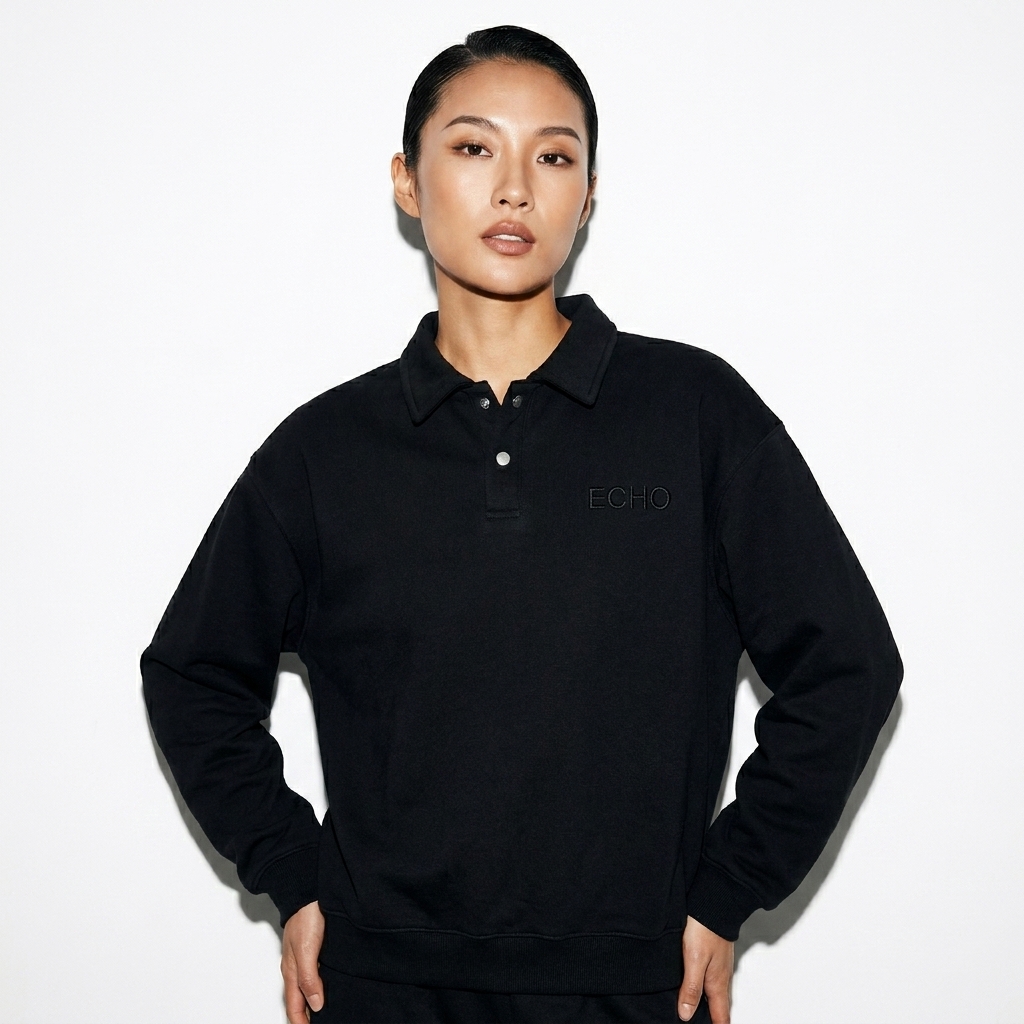 Heavyweight Polo-Collar Sweatshirt worn by a toned Chinese female fashion influencer, downtown streetwear styling, studio lookbook — custom heavyweight polo-collar sweatshirt