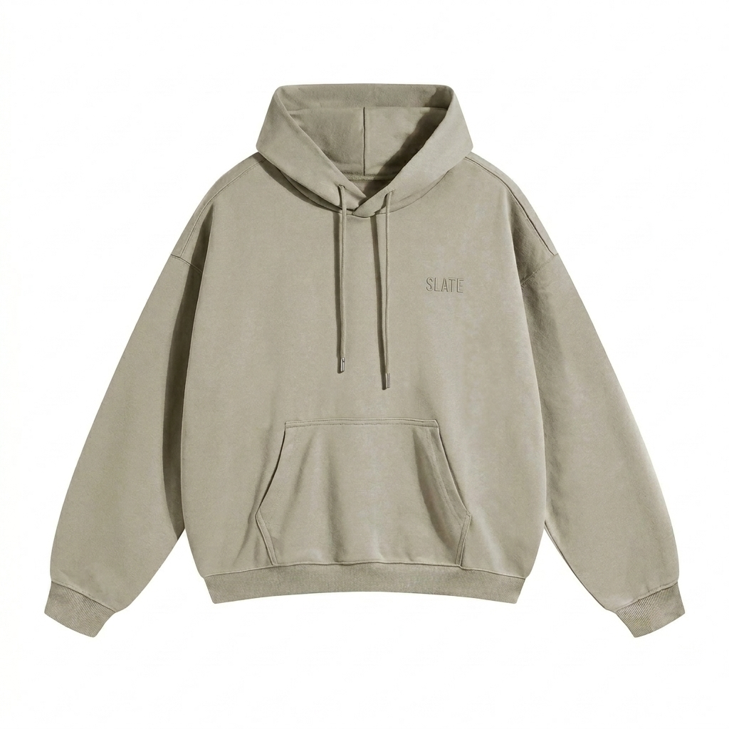 Custom Heavyweight Pullover Hoodie design direction 1: Tonal Minimalist Wordmark featuring the SLATE wordmark