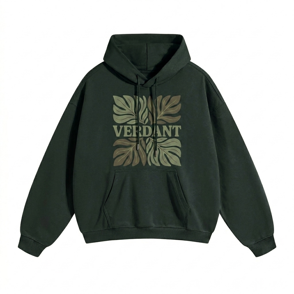 Custom Heavyweight Pullover Hoodie design direction 2: Bold Botanical Graphic featuring the VERDANT wordmark