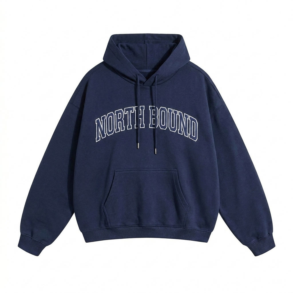 Custom Heavyweight Pullover Hoodie design direction 3: Retro Collegiate Emblem featuring the NORTH BOUND wordmark