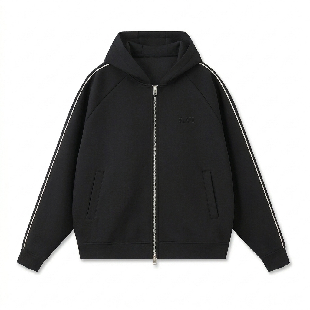 Custom Heavyweight Raglan Zip Hoodie design direction 1: Tonal Luxe Wordmark featuring the SLATE wordmark