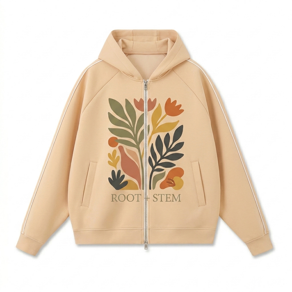 Custom Heavyweight Raglan Zip Hoodie design direction 2: Abstract Bloom Graphic featuring the ROOT + STEM wordmark