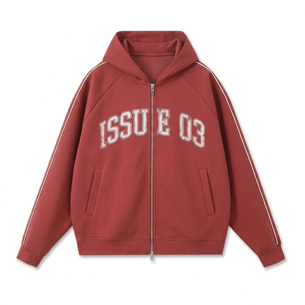 Custom Heavyweight Raglan Zip Hoodie design direction 3: Varsity Arch Lettering featuring the ISSUE 03 wordmark