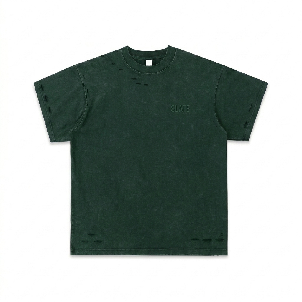 Custom Heavyweight Snow Washed Hand-Frayed T-Shirt design direction 1: Subtle Heritage Wordmark featuring the SLATE wordmark