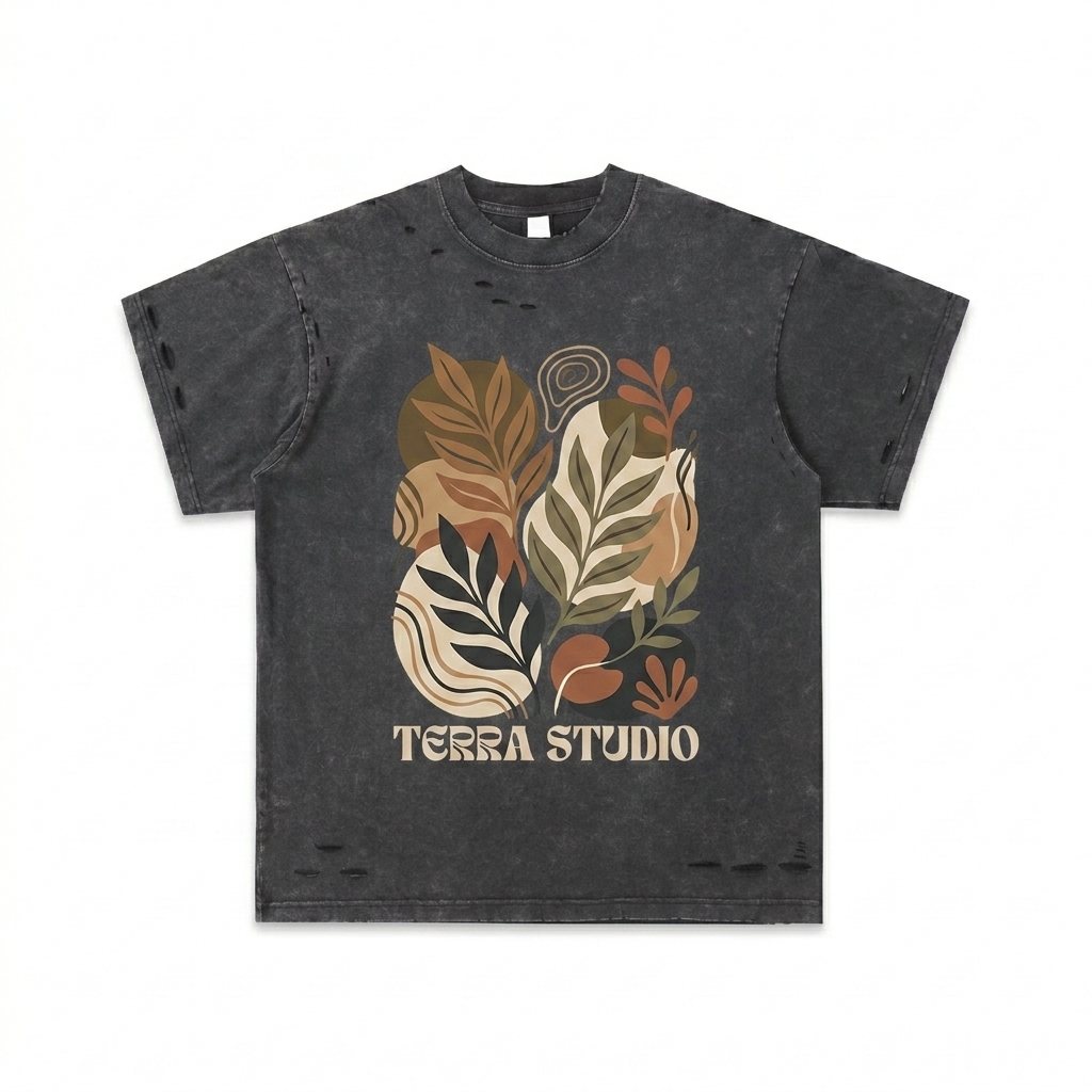 Custom Heavyweight Snow Washed Hand-Frayed T-Shirt design direction 2: Abstract Botanical Graphic featuring the TERRA STUDIO wordmark