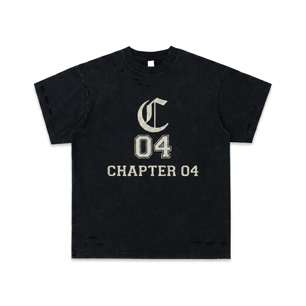 Custom Heavyweight Snow Washed Hand-Frayed T-Shirt design direction 3: Vintage Collegiate Emblem featuring the CHAPTER 04 wordmark