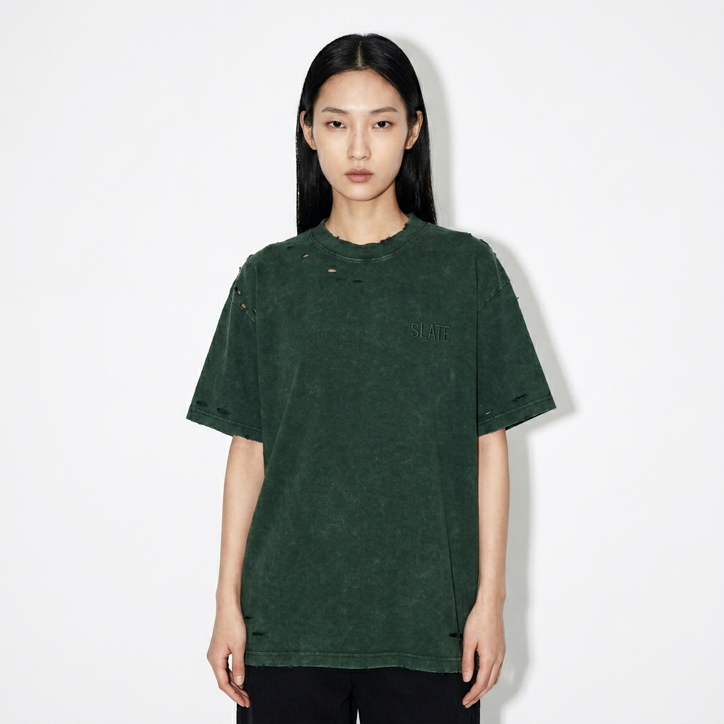 Heavyweight Snow Washed Hand-Frayed T-Shirt worn by a slim tall Korean female fashion influencer, y2k revival styling, studio lookbook — custom heavyweight snow washed hand-frayed t-shirt