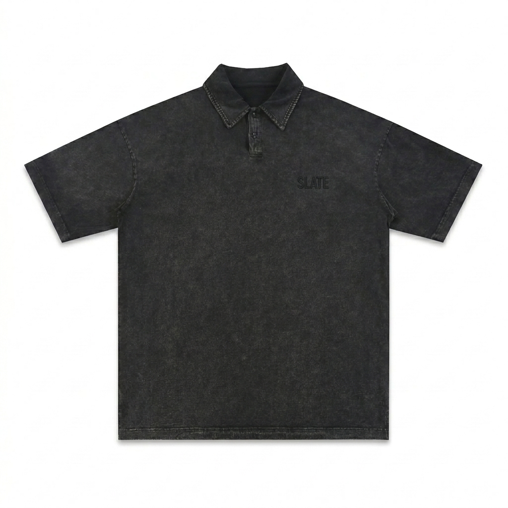 Custom Heavyweight Snow-Washed Polo T-Shirt design direction 1: Tonal Minimalist Wordmark featuring the SLATE wordmark