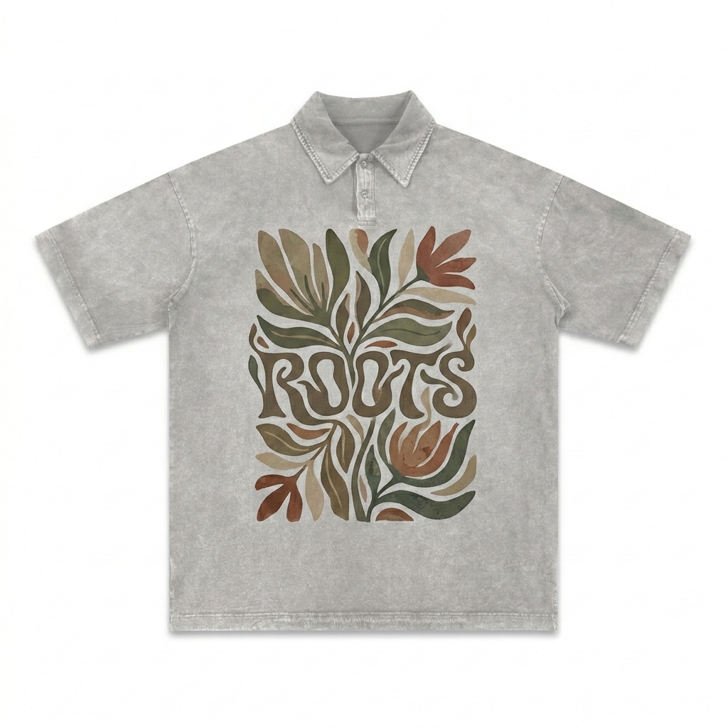 Custom Heavyweight Snow-Washed Polo T-Shirt design direction 2: Bold Graphic Illustration featuring the ROOTS wordmark