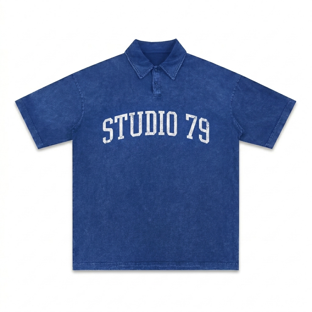 Custom Heavyweight Snow-Washed Polo T-Shirt design direction 3: Retro Collegiate Aesthetic featuring the STUDIO 79 wordmark
