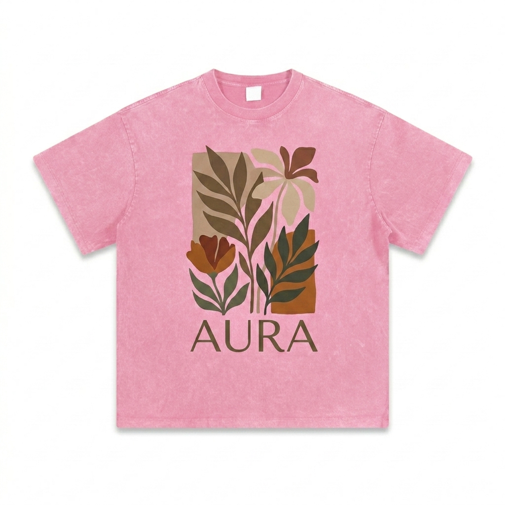 Custom Heavyweight Snow Washed T-Shirt design direction 2: Bold Botanical Graphic featuring the AURA wordmark