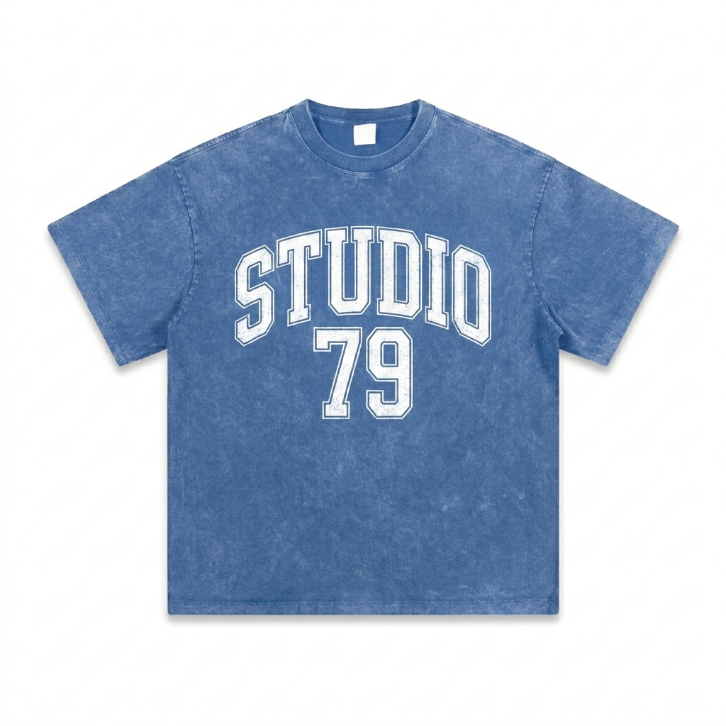 Custom Heavyweight Snow Washed T-Shirt design direction 3: Retro Collegiate Typography featuring the STUDIO 79 wordmark