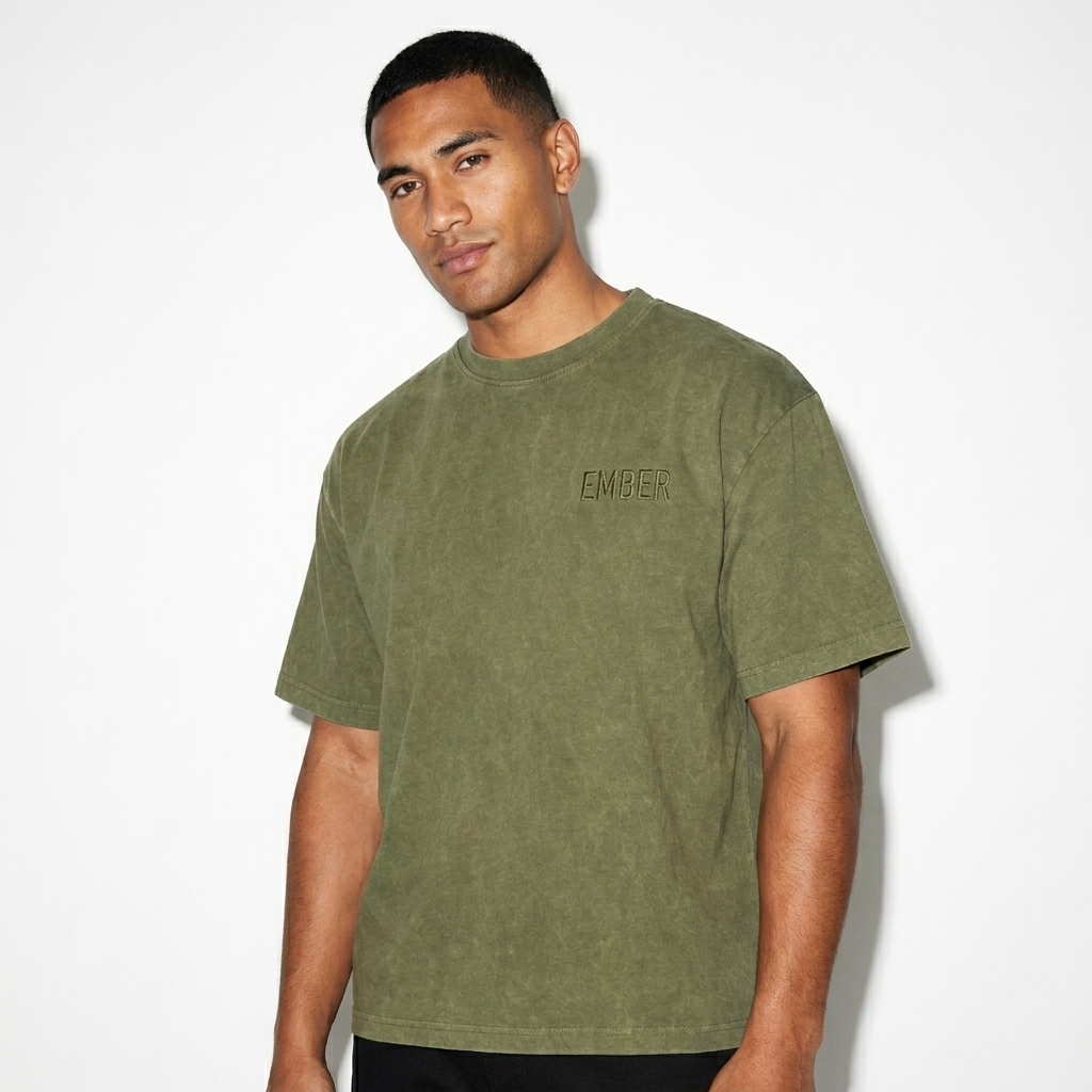 Heavyweight Snow Washed T-Shirt worn by a lean Pacific Islander male fashion influencer, techwear modern styling, studio lookbook — custom heavyweight snow washed t-shirt
