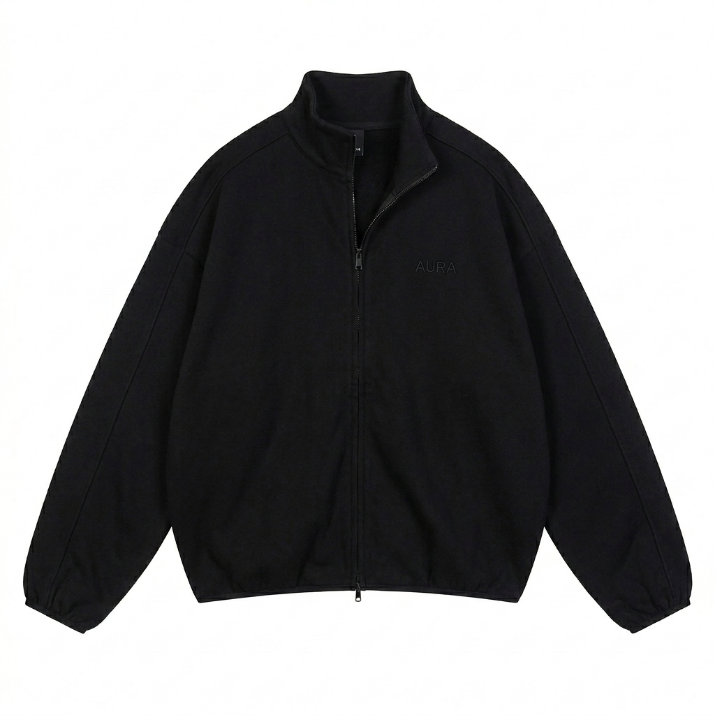 Custom Heavyweight Stand Collar Jacket design direction 1: Tonal Minimalist Wordmark featuring the AURA wordmark