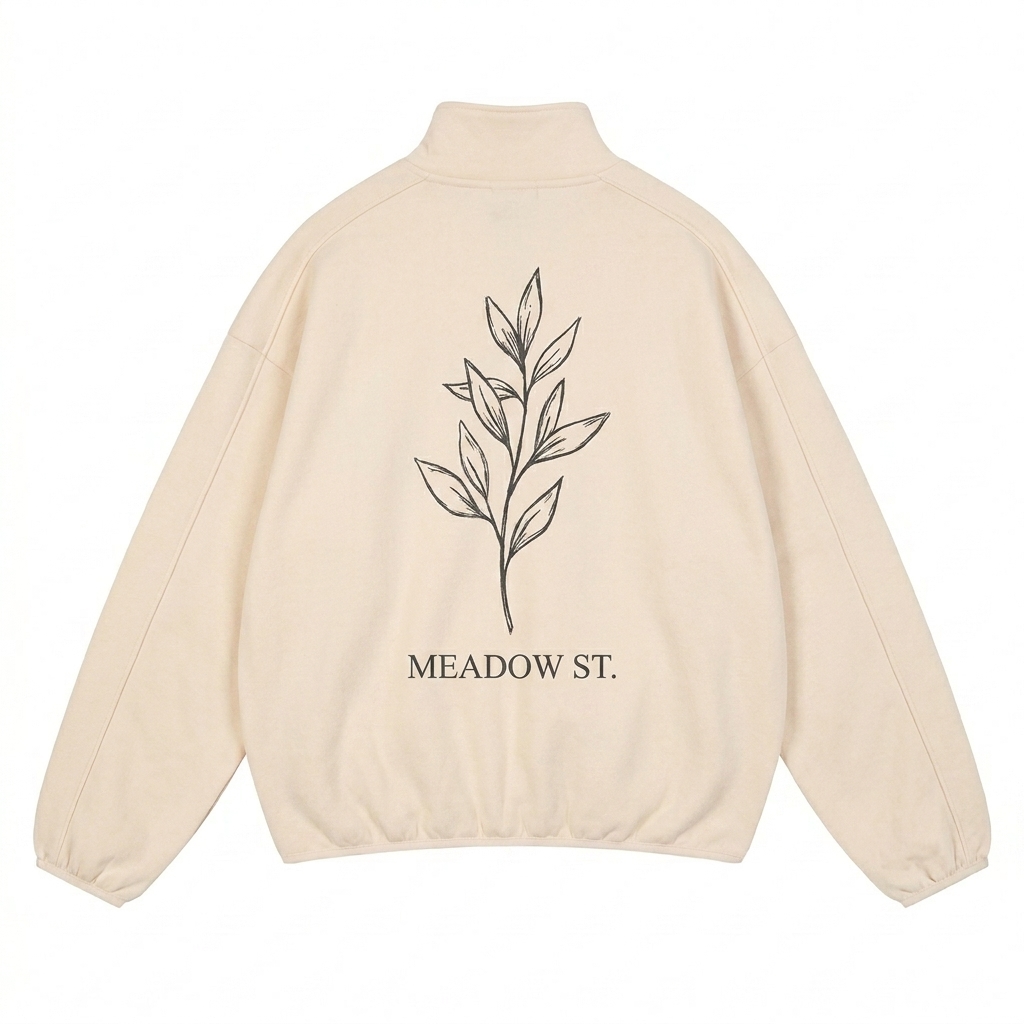 Custom Heavyweight Stand Collar Jacket design direction 2: Botanical Sketch Graphic featuring the MEADOW ST. wordmark