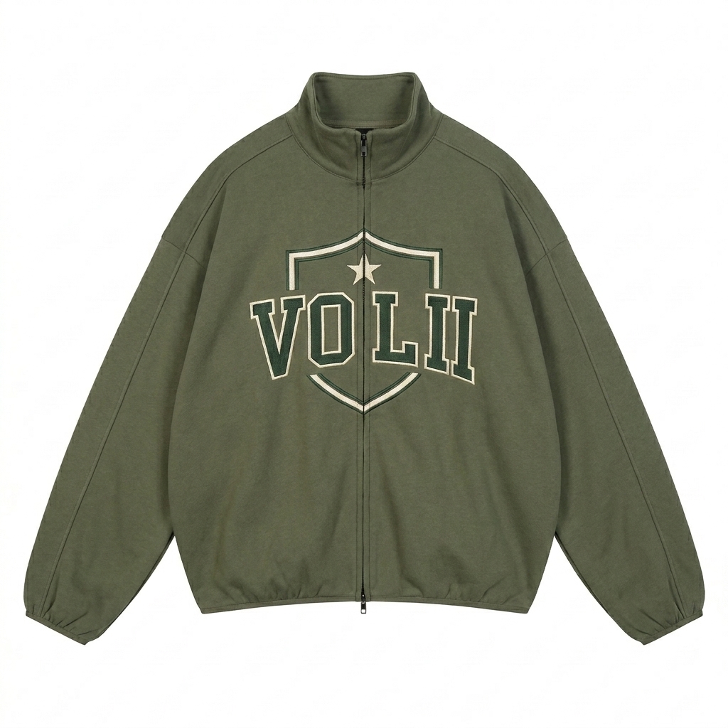 Custom Heavyweight Stand Collar Jacket design direction 3: Retro Collegiate Emblem featuring the VOL II wordmark