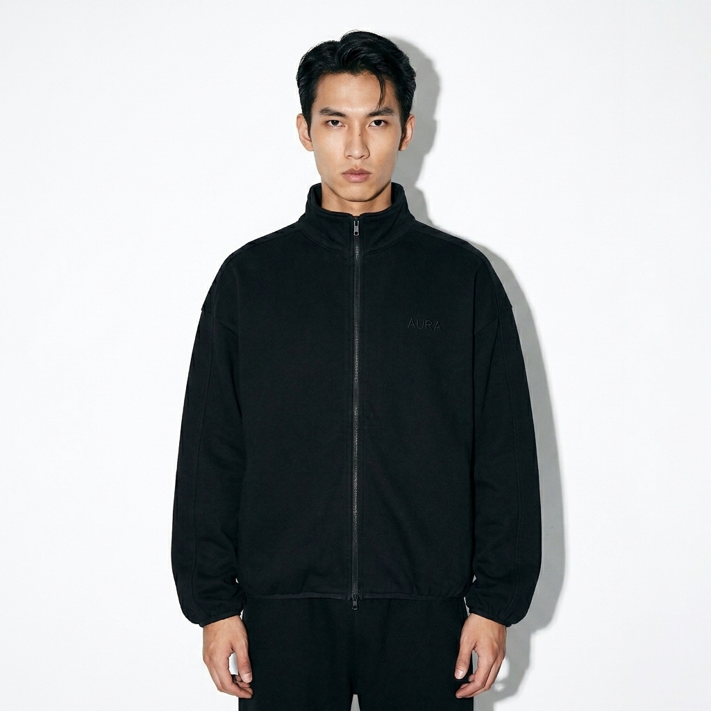 Heavyweight Stand Collar Jacket worn by a slim tall Vietnamese male fashion influencer, techwear modern styling, studio lookbook — custom heavyweight stand collar jacket